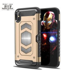 iPhone Xr 6.1in Metallic Plate Case Work with Magnetic Holder and Card Slot (Champagne Gold)